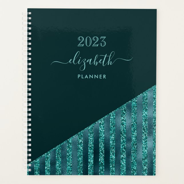 Teal Blue Modern Trendy Glam Glitter Personalized  Planner (Front)