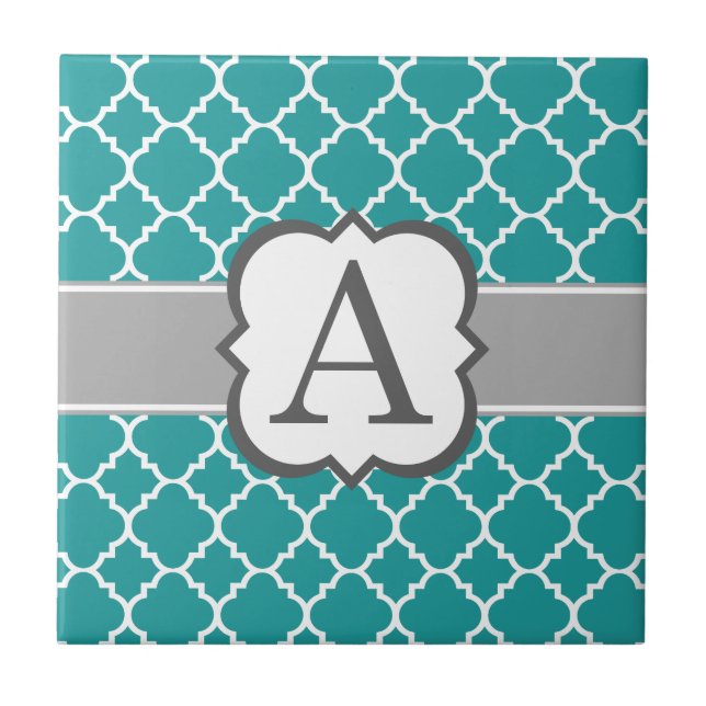 Teal Blue Monogram Letter A Quatrefoil Tile (Front)