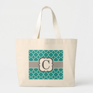 Teal Blue Monogram Letter C Quatrefoil Large Tote Bag