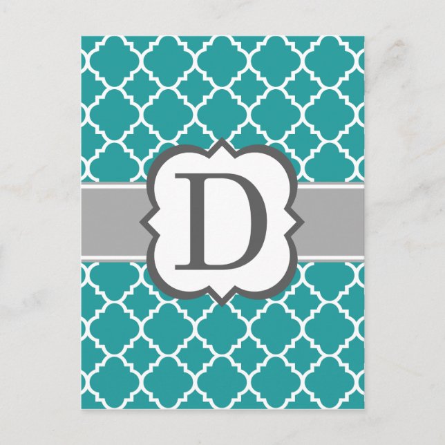 Teal Blue Monogram Letter D Quatrefoil Postcard (Front)