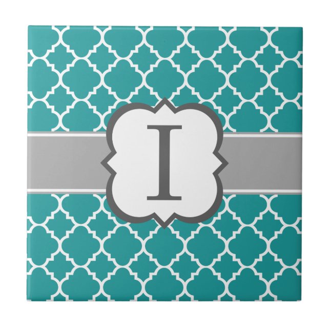 Teal Blue Monogram Letter I Quatrefoil Tile (Front)
