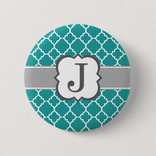 Teal Blue Monogram Letter J Quatrefoil 2 Inch Round Button