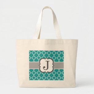 Teal Blue Monogram Letter J Quatrefoil Large Tote Bag