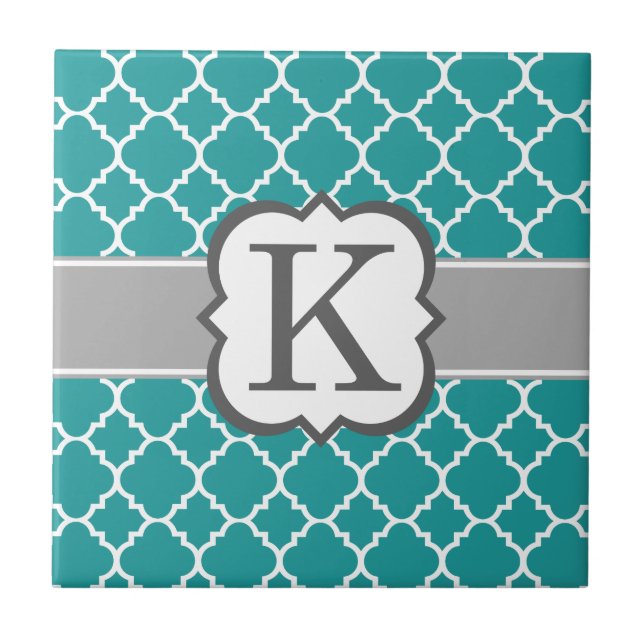 Teal Blue Monogram Letter K Quatrefoil Tile (Front)