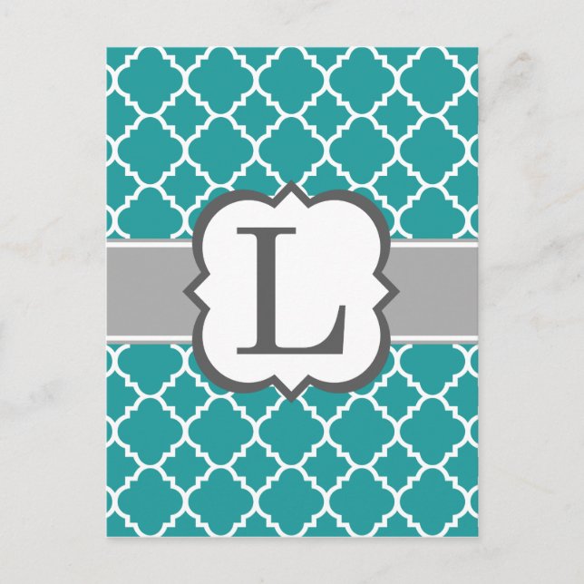 Teal Blue Monogram Letter L Quatrefoil Postcard (Front)