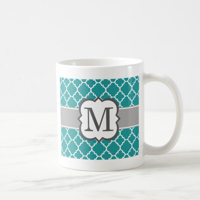 Teal Blue Monogram Letter M Quatrefoil Coffee Mug (Right)