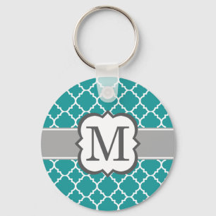 Teal Blue Monogram Letter M Quatrefoil Keychain