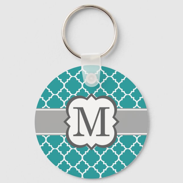 Teal Blue Monogram Letter M Quatrefoil Keychain (Front)