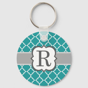 Teal Blue Monogram Letter R Quatrefoil Keychain