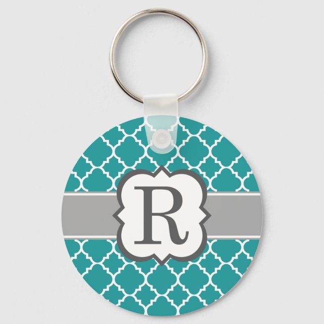 Teal Blue Monogram Letter R Quatrefoil Keychain (Front)
