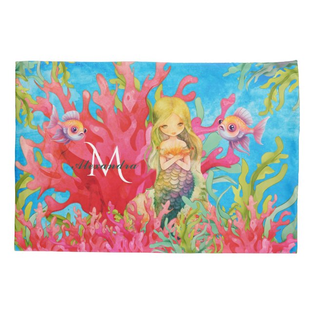 Teal Blue Monogram Name Mermaid Pillowcase (Back)