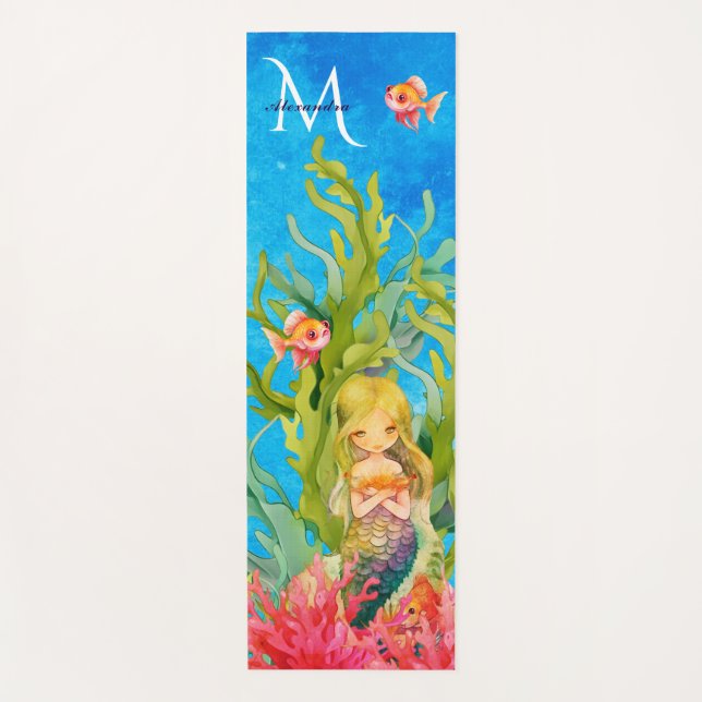 Teal Blue Monogram Name Mermaid Yoga Mat (Front)