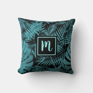 Teal blue monogram tropical palm leaf pattern bold throw pillow