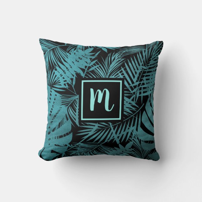 Teal blue monogram tropical palm leaf pattern bold throw pillow (Front)