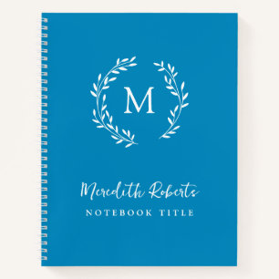 Teal Blue Monogram Wreath Personalized Name Notebook