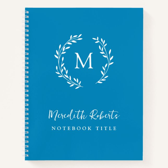 Teal Blue Monogram Wreath Personalized Name Notebook (Front)