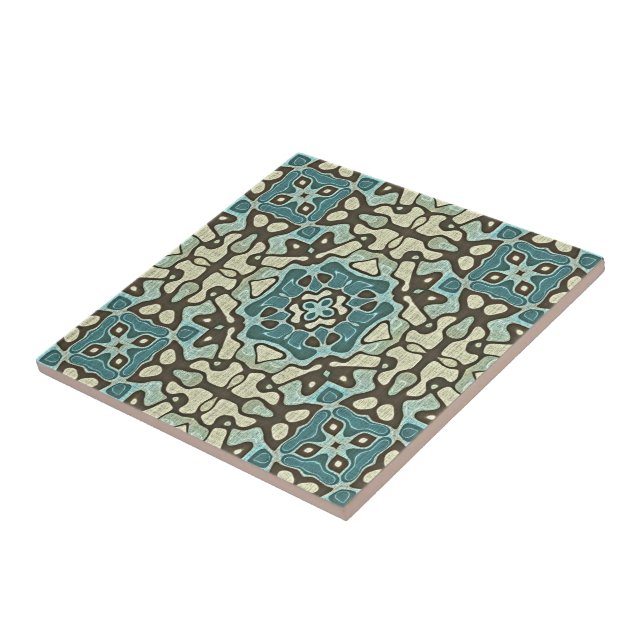 Teal Blue Mustard Green Ochre Ethnic Tribe Art Tile (Side)