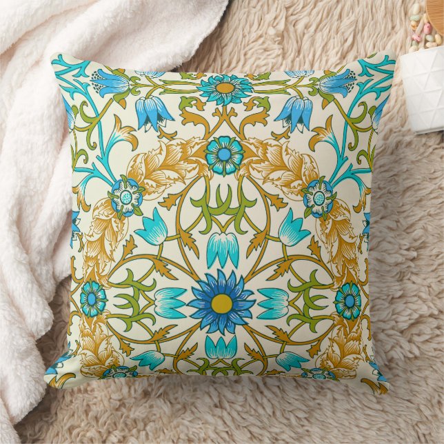 Teal Blue & Mustard William Morris Vine Arts  Throw Pillow (Blanket)