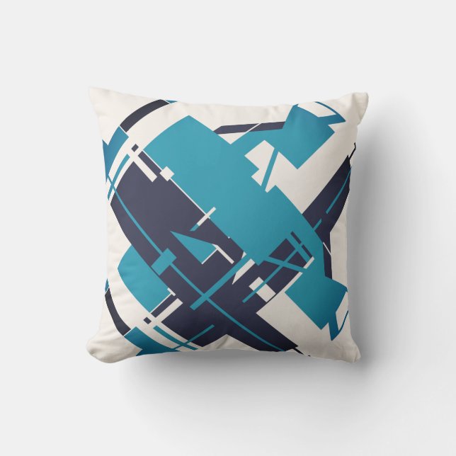 Teal Blue Navy on Off-white Diagonal Abstract Art Throw Pillow (Front)