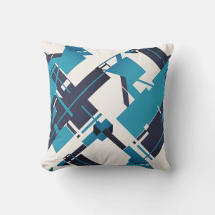 Teal Blue Navy on Off-white Diagonal Abstract Art Throw Pillow