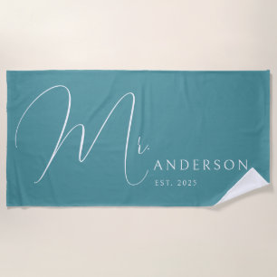 Teal Blue Newlyweds Mr Name Personalized Honeymoon Beach Towel