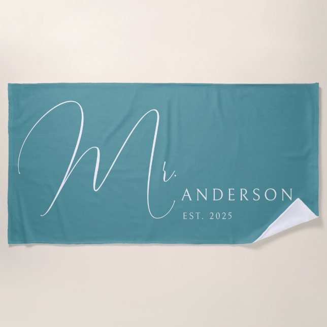 Teal Blue Newlyweds Mr Name Personalized Honeymoon Beach Towel (Front)