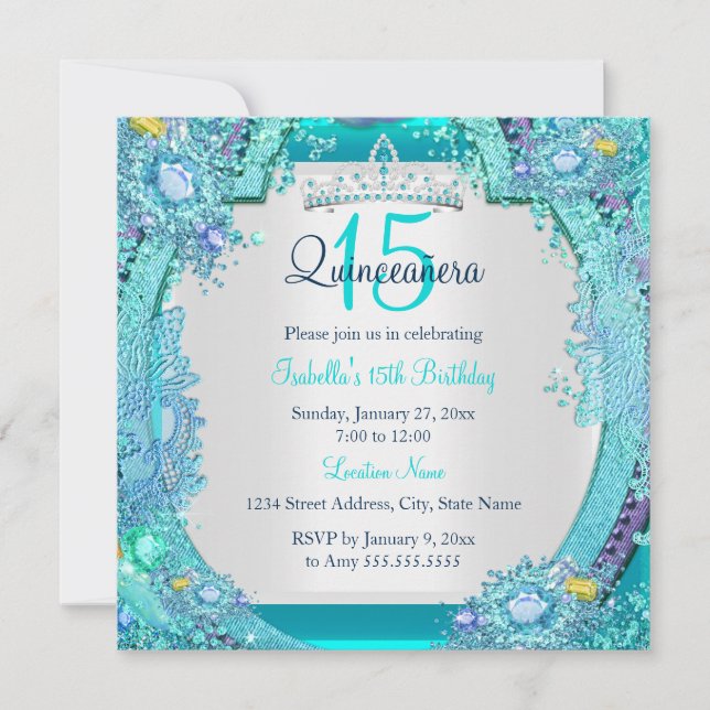 Teal Blue Ocean Gems Quinceanera Birthday Photo Invitation (Front)