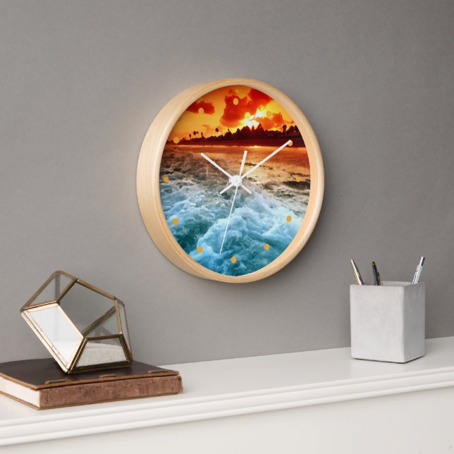 Teal Blue Ocean Surf Orange Red Sunset Watercolor Clock (Office)