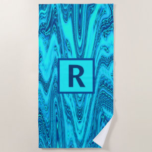 Teal Blue Ocean Waves Abstract Monogram Initials Beach Towel