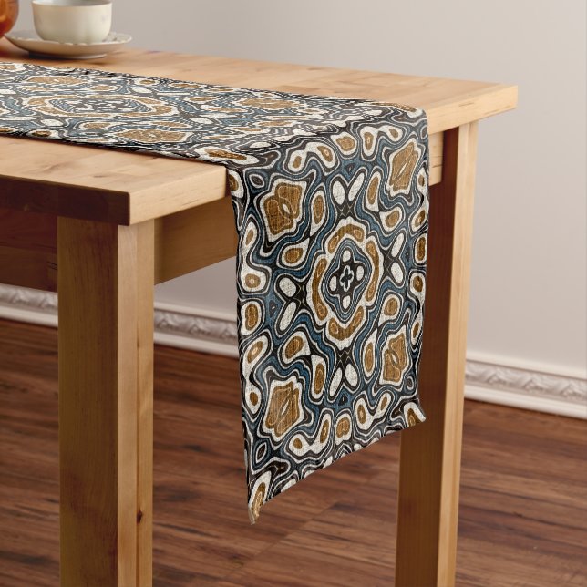 Teal Blue Ochre Brown Beige Bohemian Tribe Art Medium Table Runner (In Situ)