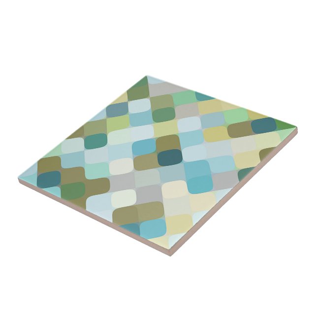 Teal Blue Ochre Mustard Yellow Round Squares Art Tile (Side)