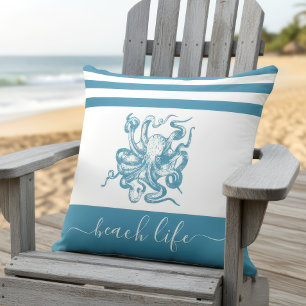 Teal blue octopus beach life script simple modern outdoor pillow