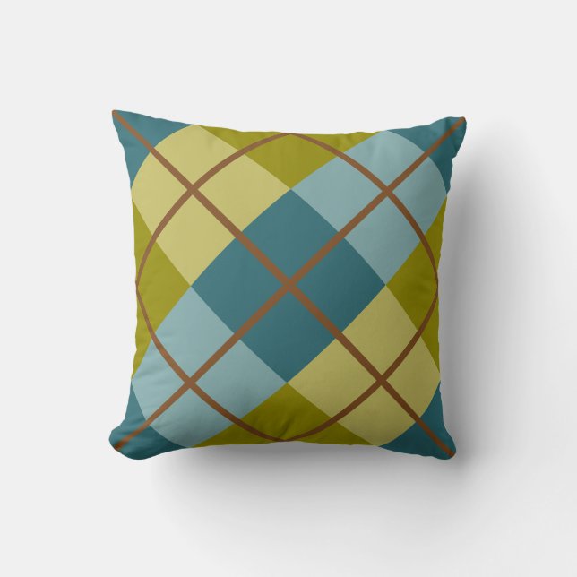 Teal Blue Olive Yellow Pattern Throw Pillow (Front)