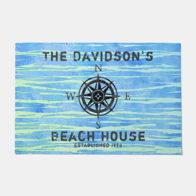 Teal Blue Ombre Sea Monogrammed Doormat (Front)