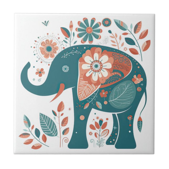 Teal Blue Orange Elephant Scandinavian Folk Art Tile (Front)