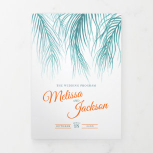 Teal blue orange tropical palms watercolor wedding Tri-Fold programme