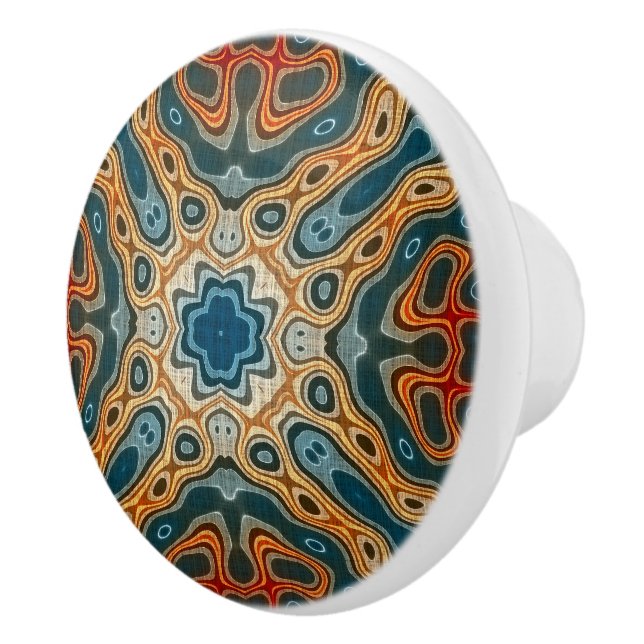 Teal Blue Orange Yellow Green Ethnic Tribe Art Ceramic Knob (Right)