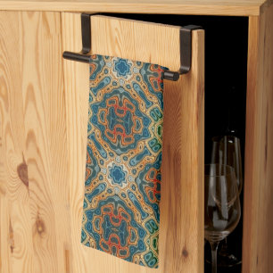 Teal Blue Orange Yellow Green Hip Bohemian Art Kitchen Towel