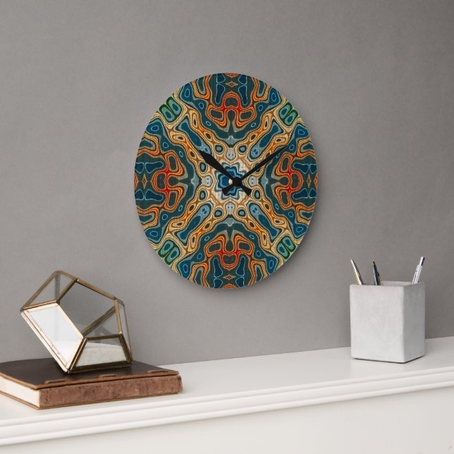 Teal Blue Orange Yellow Green Hip Bohemian Art Large Clock (Office)