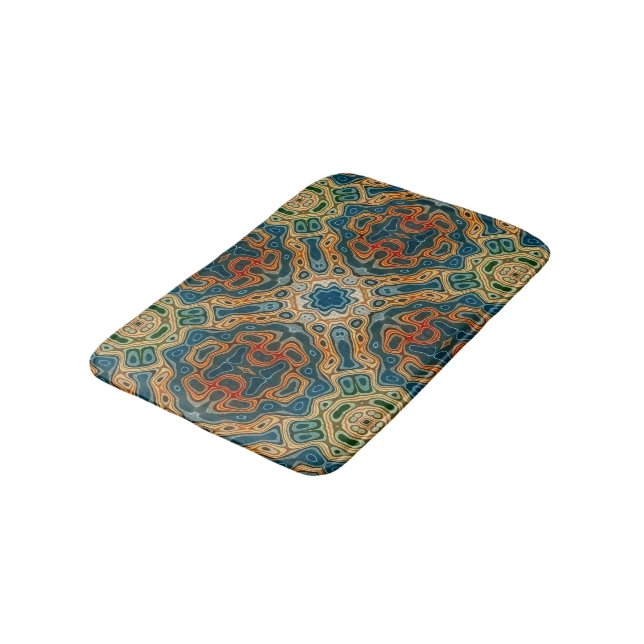 Teal Blue Orange Yellow Green Hip Orient Bali Art Bath Mat (Angled)