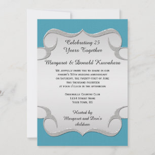 Teal Blue Ornate Silver Frame 25th Anniversary Invitation