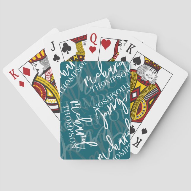 Teal Blue Overlapped Typography Name  Playing Cards (Back)