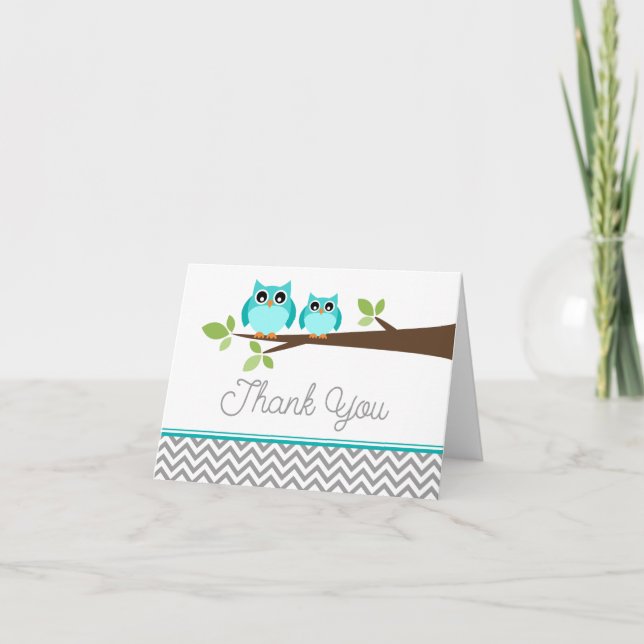 Teal Blue Owl Grey Chevron Baby Shower Thank You (Front)