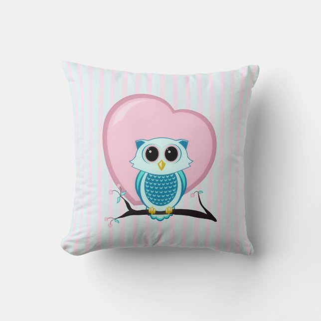 Teal Blue Owl with a Pink Heart and Stripes Throw Pillow (Front)