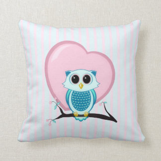Teal Blue Owl with a Pink Heart and Stripes Throw Pillow
