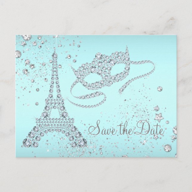 Teal Blue Paris Masquerade Party Save The Date Announcement Postcard (Front)