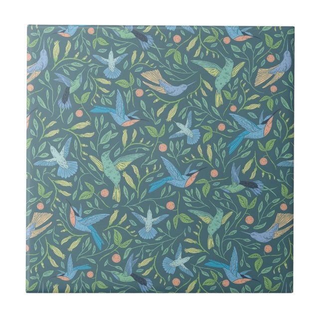Teal, Blue, Peach Hummingbirds Tile (Front)