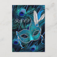Teal Blue Peacock Mask Masquerade Party RSVP