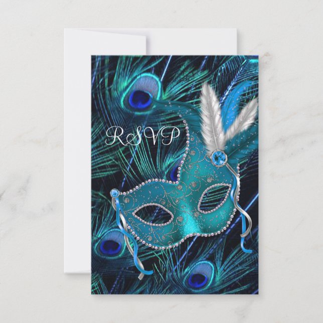 Teal Blue Peacock Mask Masquerade Party RSVP Card (Front)