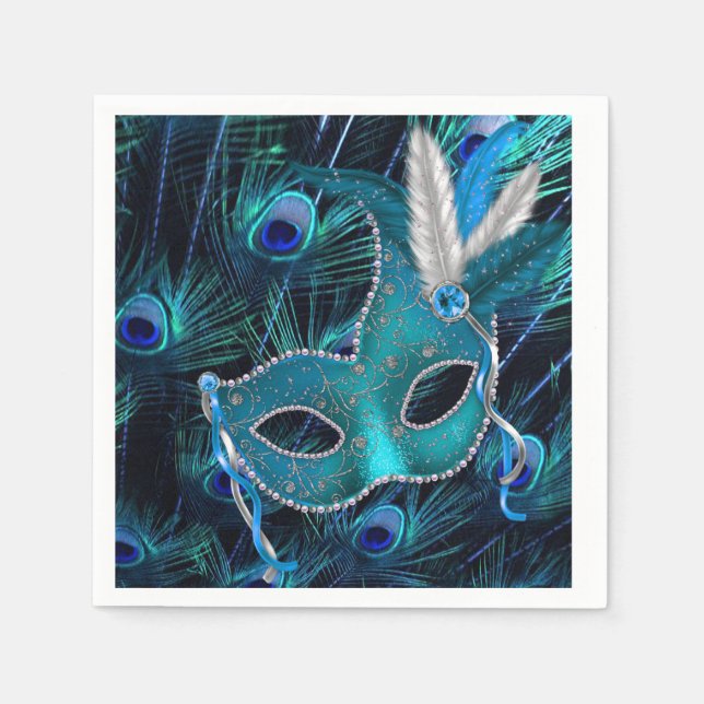 Teal Blue Peacock Masquerade Party Napkin (Front)
